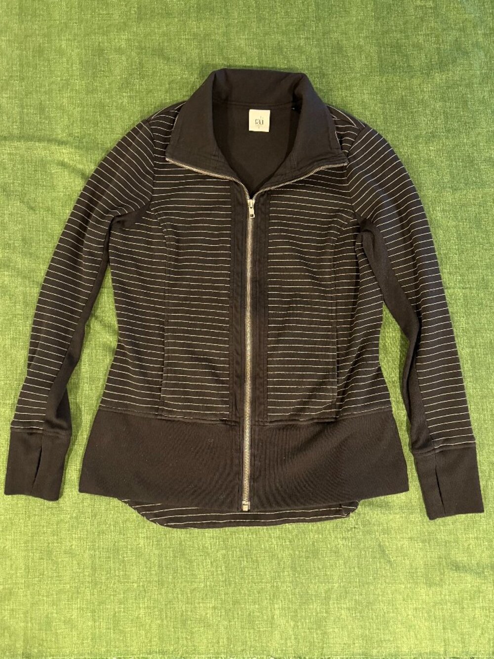 Cabi Womens Black Stripe Athleisure Mock Neck Full Zip Sprint Jacket - Small